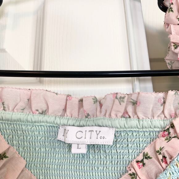 Ivy City Co Emily Patchwork Smocked Shirred Puff Sleeve Tiered Midi Dress Large - Picture 6 of 8